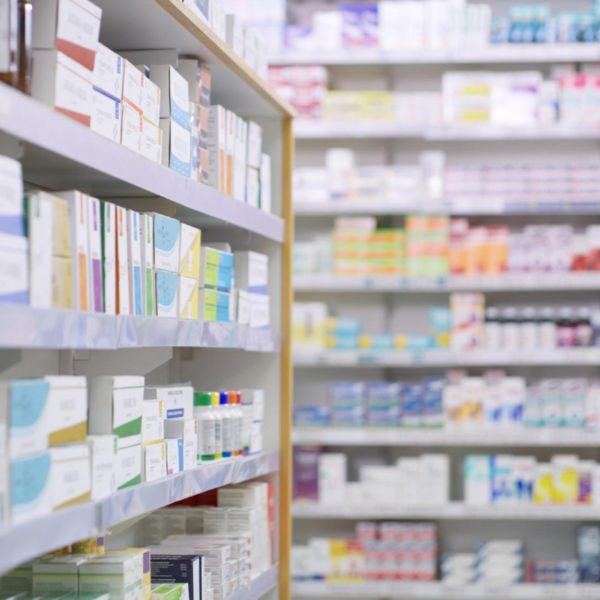 Shot of shelves stocked with various medicinal products in a pharmacy